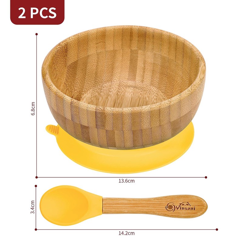 Vinsani Bamboo Bowl and Spoon Set for Baby/Toddler, Suction Plate,