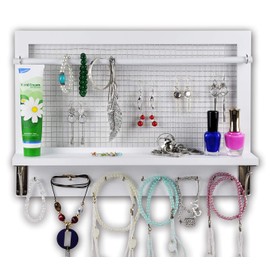 Spiretro White Wall Mount Jewelry Organizer Holder Rack with Hooks Shelf and Removable Rod Hanging Earrings Necklaces Bracelets Rings Storage Accessories