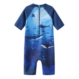 Moon Tree Toddler Boys One Piece Rash Guard Swimsuits for Baby Boys Sunsuits Short Sleeve Sun Protective Bathing Suits Beach Swimwear Navy Ocean Life 5T
