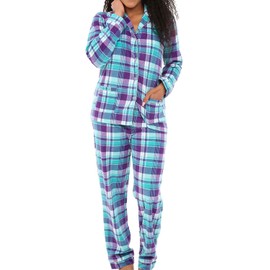 Alexander Del Rossa Women's Soft Warm Fleece Pajamas Plush Lounge Set, Long Sleeve Top and Pants, PJ Purple and Teal Plaid Large (A0324P69LG)