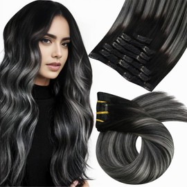 Moresoo Clip Hair Extensions for Women Black to Silver Balayage Clip in Hair Extensions Ombre Double Weft Clip in Human Hair Extensions 20Inch 7 Pieces 120G