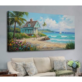 Anolyfi Tropical Large Canvas Wall Art for Living Room, Palm Tree Nature Coastal Seascape Painting Wall Decor Textured Artwork for Bedroom Hallway Kitchen Office Home Decor 58"x29"
