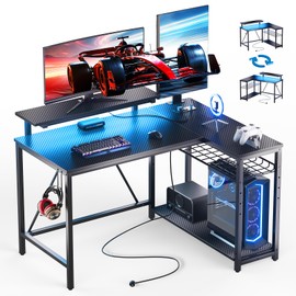 Bestier Bestier Gaming Desk with Power Outlets, 42" L-Shaped Gaming Desk with LED Lights, Desk with Reversible Storage Shelves & Hooks for Small Spaces, Bedrooms & Offices, Black Carbon Fiber