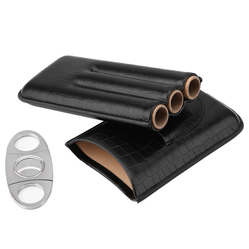 Crocodile Grain Faux Leather 3 Tube Cigar Travel Case Holder