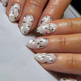 Press on Nails Short Almond False Nails White Bottom Layer and Flower Design Short Fake Nails 24 PCS Artificial Nude Full Cover Glue on Reusable Glossy Stick on Acrylic for Women