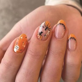 Maggidea French False Nails, Acrylic French Stick on Nails, 24pcs Strong Square Almond Long Short french Style Press On Nails with Glue White Tips Design Fake Nails (pumpkin)