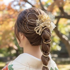 Lomeri Hair Ornament with Rope Arrangement and Dried Flowers, Available in 9 Colors, Suitable for Coming-of-Age Ceremony, Graduation, and Weddings (White Gold) K2