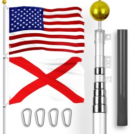 G128 Combo Pack: 25 Ft Telescoping Aluminum Flagpole (Silver) & American and Alabama Flags 3x5 Ft, Both ToughWeave Series Embroidered Polyester | Pole with Flags Included