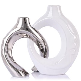 LCCCK White and Silver Ceramic Vases for Home Decor, Boho Vase for Flowers Pampas Grass Decorative, White Silver Hollow Donut Small Vase for Living Room Table Wedding Centerpiece Modern Vases