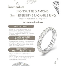 DIAMONLITE 2 Ct Moissanite Wedding Band for Women, 3mm 925 Sterling Silver Eternity Stackable Engagement Ring Anniversary Band, Brilliant Cut Moissanite Stimulate Diamond Ring for Women, Size 6.5