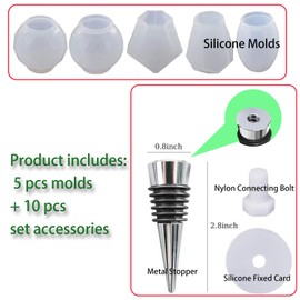 JIOFAVIU 15 Pcs Resin Wine Bottle Stoppers Molds Set, Wine Stopper Silicone Molds for Epoxy Resin (5 Molds with 10 Alloy Stoppers)