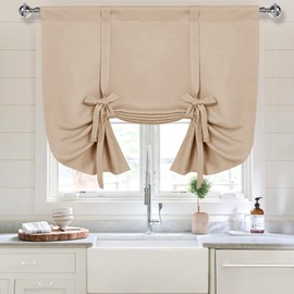 DWCN Blackout Curtains-Tie Up Shade for Window Thermal Insulated Room Darkening Rod Pocket Curtains for Kitchen, Beige, W34 X L45 Inches, 1 Panel