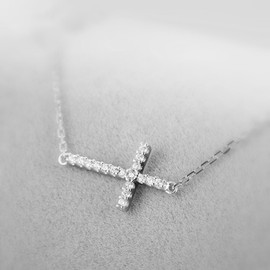 SUGARKITTEN LONDON Sterling Silver Rhodium Plated Sideways Cross Paved Cubic Zirconia Charm Chain Necklace 42-45cm 17.7''