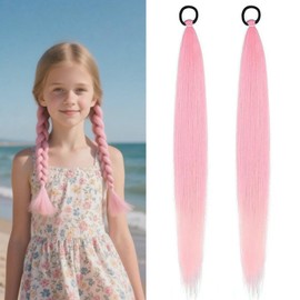Ponytail Extension with Hair Tie 2 Packs, Hair Extensions for Braiding, Crazy Hairs Day Pony Tail Extensions for Braids, Hairpieces for Girls Women Kids, Pink