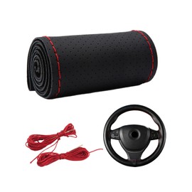 Dickno Car Steering Wheel Cover, Anti-Slip Stitch on Wrap Steering Wheel Protector for Max Diameter 15 Inch, DIY Sewing with Needle Thread, Universal Auto Accessories (Black & Red, Full Hole)