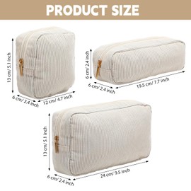 Huhumy 3 Pcs White Corduroy Cosmetic Bag Makeup Bag Portable Corduroy Makeup Pouch With Zipper Canvas Aesthetic Makeup Organizer Corduroy Travel Toiletry Bag for Women Trendy Christmas Gifts, 3 Size
