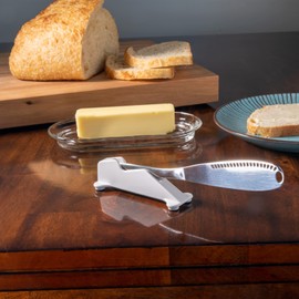 JBTHINGS Stainless Steel Butter Spreader Knives Set (2-Pack) - 3-in-1 Butter & Cheese Slicer with Serrated Edge & Curling Holes. Includes Top Stand and a Stick-Anywhere Knife Holder!