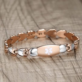 LinnaLove Double Heart Medical alert Bracelet for Women 7 1/2 inches Rose gold Medical alert bracelets for allergy to penicillin