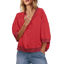 Yanekop Womens Crewneck Short Sleeve Sweatshirt 3/4 Sleeve Tops Color Block Oversized Sweatshirt Summer Shirts(Red,XL)