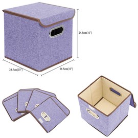 BeigeSwan Storage Bin [Set of 4] Linen Fabric Foldable Container with Lid, Collapsible Organizer Boxes Cubes – 10 x 10 x 10 Inches (Purple)