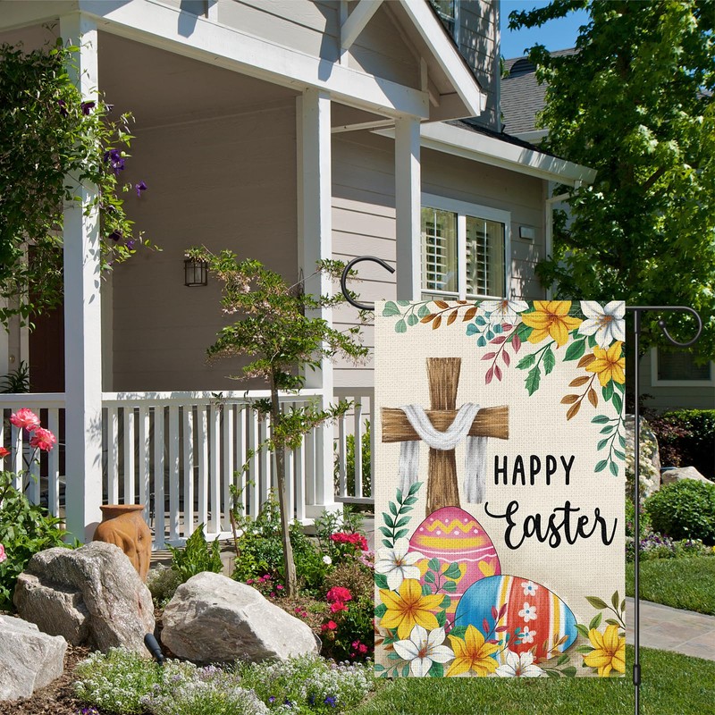 Wodison Happy Easter Cross Garden Flag 12x18 Inch Double Sided