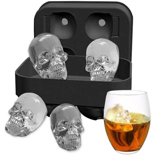 Ice Mold Skull 3D Flexible Silicone Ice Cube Molds Maker Tray, 4 Giant Skulls, Round Ice Cube Maker