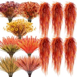 Thiccywoov 32 Bundles Artificial Fall Flowers Plants for Outdoors 16 Styles Autumn Decor, Fake Faux Flowers UV Resistant Orange Mums Violet Fern for Fall Thanksgiving Home Porch Window Box Decor