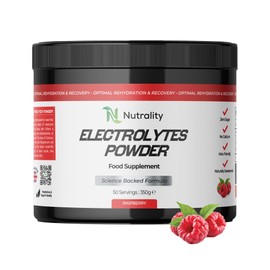 Nutrality Electrolytes Food Supplement Powder 350g | 50 Servings, No Sugar, Magnesium Keto Electrolyte Hydration Powder, Recovery, No Calcium, Paleo Hydration | Vegan (Raspberry)