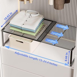 HGZBS Extendable Metal Wire Shelf Organizer - Adjustable 15-24.4in Length, Stackable Storage Rack for Kitchen/Pantry/Bathroom/Shoe Cabinet/Tool Closet (1, White)