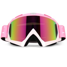 Jeemeele Motorcycle Goggles, Dirt Bike ATV Riding Off-Road Ski Goggles UV Anti-Fog Windproof Dustproof for Men & Women(Pink/Colorful Lens)
