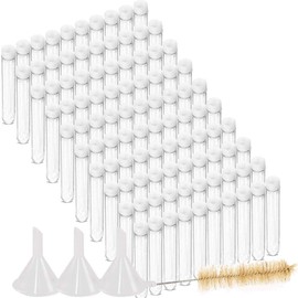 100 Pcs 12x100 mm Clear Plastic Bead Containers Test Tube with White Lid, With 3 Funnels 1 Brush Flat Bottom Candy Tubes Jelly Belly Bean Containers Craft Tubes for Christmas Wedding Party Décor Clear Color