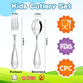 8-Piece Toddler Utensils,18/10 Stainless Steel Kids Silverware Forks and Spoons Set, Flatware with Dog & Cat Pattern for Children Ages 3-7 Year Old, Anti-Slip Forks, Mirror Polished, Dishwasher Safe