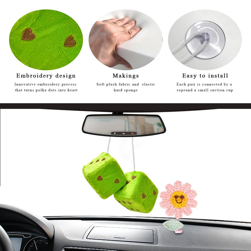 Gasedin 1 Pair Fuzzy Plush Dice for Car Mirror, 3''