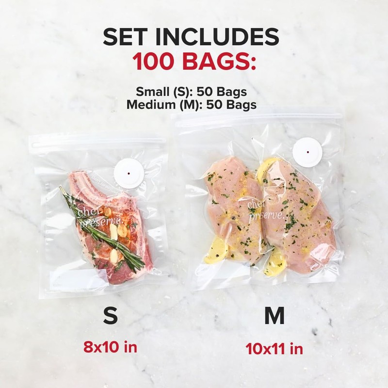 Chef Preserve Reusable Vacuum Sealer Bags for Food – 100