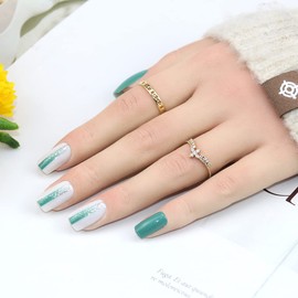 HAKJXOS Square Press on Nails Medium Pink Fake Nails Summer Green Gradient Bar Designs Glitter Green Acrylic Nails for Women French Tip Press on Nails 24 Pcs