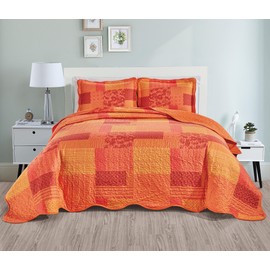 Grand Linen 3-Piece Full Size Quilt Set 90" X 88" All-Season Wave Edged Bedspread, Pillow Shams. Lightweight Soft Coverlet for Double Bed in Orange Red Colors and Patchwork Pattern