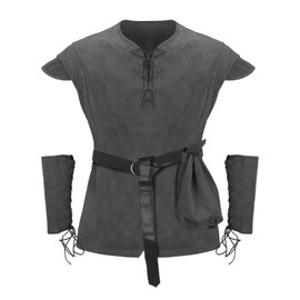 Men Pirate Costume Medieval Pirate Viking Shirt Tunic Vest Waist Belt Arm Guard Accessories Outfit (Gray, Small)