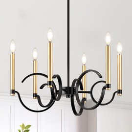 ONESMING Black and Gold Chandelier, Modern Dining Room Light Fixture 6-Light Chandelier Lighting Fixtures Hanging, Metal Candle Industrial Dining Lights for Kitchen, Bedroom, Entry Foyer, 24 Inch Wide