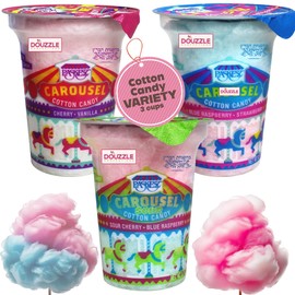 DOUzzle Carousel Cotton Candy - Pink Blue & White Floss Sugar Retro Candy, Cherry & Vanilla, Raspberry & Strawberry, Sour Cherry & Raspberry (Variety 3 Pack) Carnival Snack, Party Favor - Kosher Parve