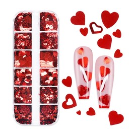 12 Grids Heart Nail Glitter Sequins 3D Holographic Valentine's Day Nail Art Flakes Red Love Heart Nail Sequins Romantic Valentines Nail Design Hearts Confetti Glitters Makeup DIY Manicure Decoration