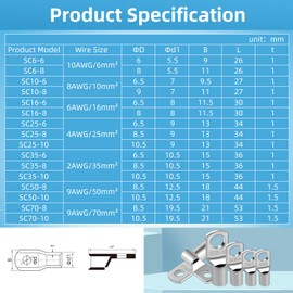 Pack of 10 Cable Lugs 50 mm² Tube Cable Lug M10 Ring Cable Lug Thickened Copper Uninsulated SC Cable Lugs