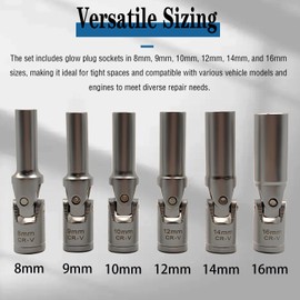 JEUCLEL 6PCS 3/8" Glow Plug Socket Set, Universal Joint 8-16mm, 6 Point Glow Plug Removal Tool for Removal and Replacement of Glow Plugs