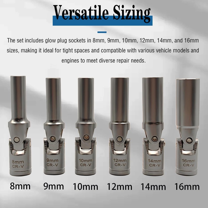 JEUCLEL 6PCS 3/8" Glow Plug Socket Set, Universal Joint 8-16mm,