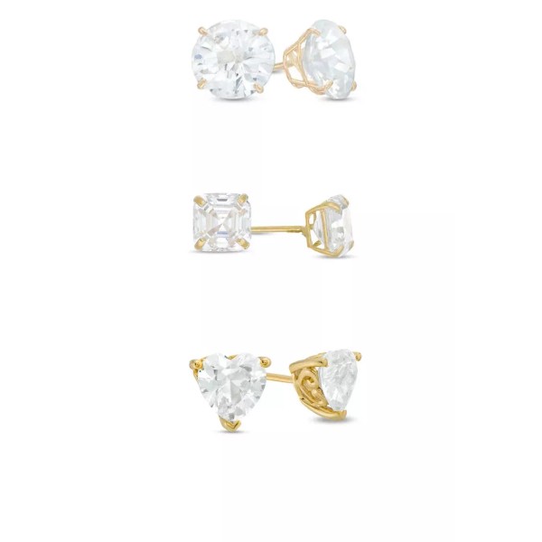 Paris Jewelry 18k Yellow Gold Moissanite 3 Pair Round, Square