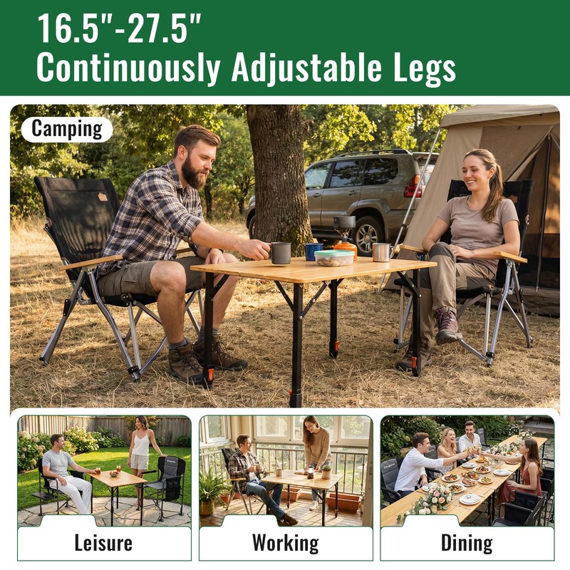 Bamboo Camping Table with Adjustable Height (265LBS)