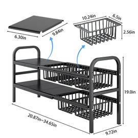 Under Sink Organizer，Under Bathroom Cabinet Organizer，3 Tier Expandable Heavy Duty Metal Shelf，with 3 Removable Panels and 3 Storage Basket,Under Sink Storage for Kitchen Bathroom Cabinet