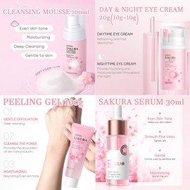 Japan Sakura Skincare Set for Women Teen Girl Gifts - Mother's Day Gifts for Mom - Skin Care for Teens 10-12 - Skincare for Girls 10-12 - Teen Skin Care Kit with Cleanser Mousse,Serum,Cream,Peel Mask