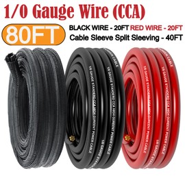 Xaugiry 1/0 Gauge Wire(20ft Each Red/Black) Copper Clad Aluminum CCA 1pcs 250A ANL Fuse Holder and 40ft 1/2 inch PET Flame Retardant Braided Cable Sleeve Split Sleeving,Primary Automotive Wire