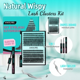 Eyelash Extension Kit, 280 Pieces, Eyelash Clusters, 30D, 40D Eyelash Extension Kit, Individual Natural Eyelash Clusters Kit with Eyelashes, Binding Seal, Waterproof, Eyelash Tweezers (D-Mix9-16 mm