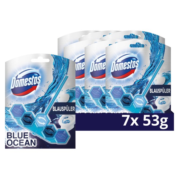 Domestos Active Blue Toilet Stone, Ocean Blue Washer Toilet Cleaner with Anti-Limescale Protection, 7 x 53 g (371 g)